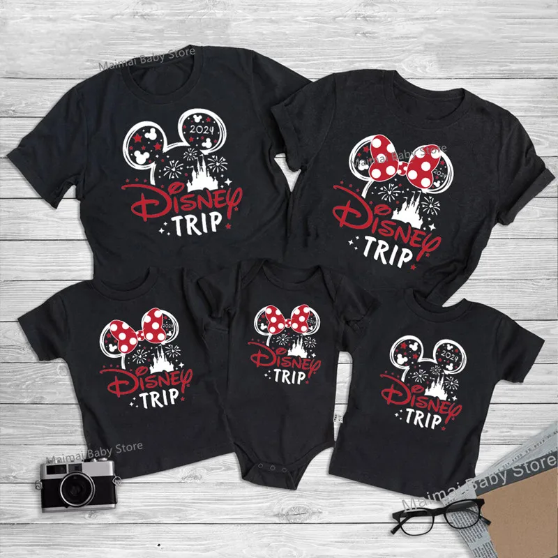 2024 Disney Trip Mickey Minnie Mouse Family Matching Shirts Cotton Dad Mom Bro Sis Kids T Shirt Baby Rompers Matching Clothes