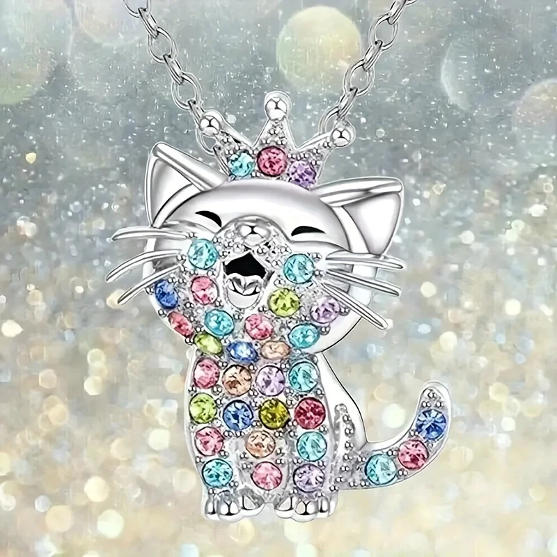 1pc Cute Sparkling Colorful Rhinestone Decor Crown Kitten Pendant Necklace Anniversary Party Gifts, Jewelry Niche Style Hot List