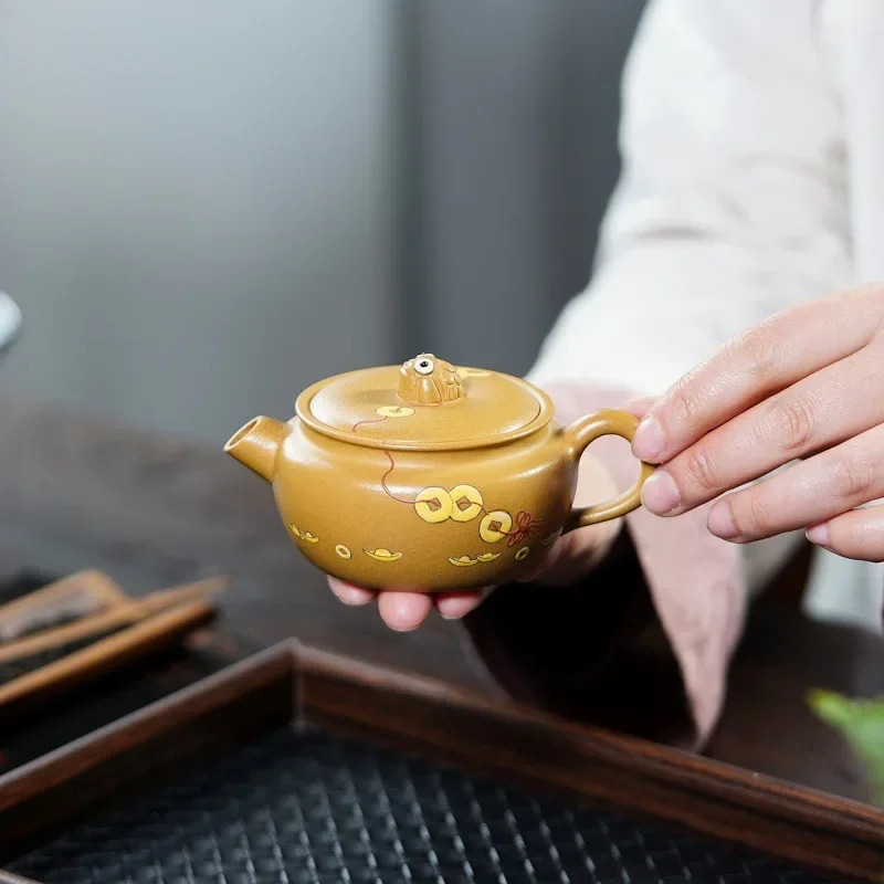 Yixing Handmade Zisha Teapot, Raw Ore Yellow Duan Clay, Wealth Attracting Motif, Master Crafted Kung Fu Tea Pot, Chinese Tea Set