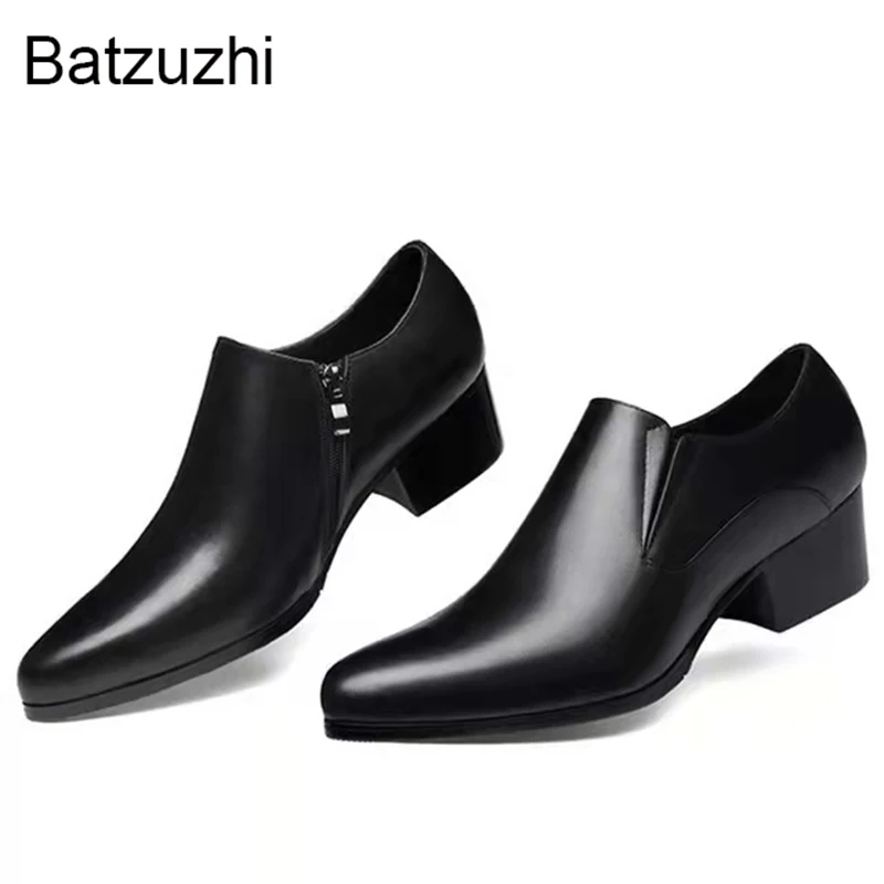 

Batzuzhi 5CM High-heeled Men's Shoes Pointed-toe Men's Leather Shoes Cowhide Heightened Fashion Shoes Men Black Zip, Sizes 36-44