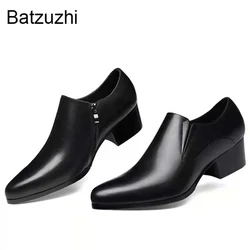 Batzuzhi 5CM High-heeled Men's Shoes Pointed-toe Men's Leather Shoes Cowhide Heightened Fashion Shoes Men Black Zip, Sizes 36-44