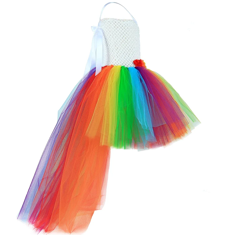 Vestido de tutú de arcoíris con cuello en V para niñas, tren de flores, vestidos de princesa de tul para niños pequeños, fiesta de cumpleaños,