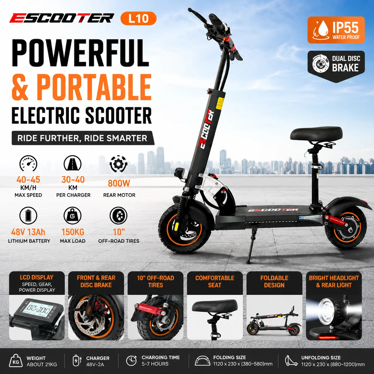 Monopattino Elettrico Pieghevole L10 per Adulti, Motore Posteriore Potente da 800W, Batteria al Litio 48V 13Ah, Pneumatici Fuoristrada da 10 Pollici, Alta Velocità 40-45KM/H, Lunga Autonomia 30-40KM, Doppio Freno a Disco, Impermeabile IP55, Monopattino Elettrico con Display LCD, Monopattino Portatile per Pendolari, Carico Massimo 150KG
