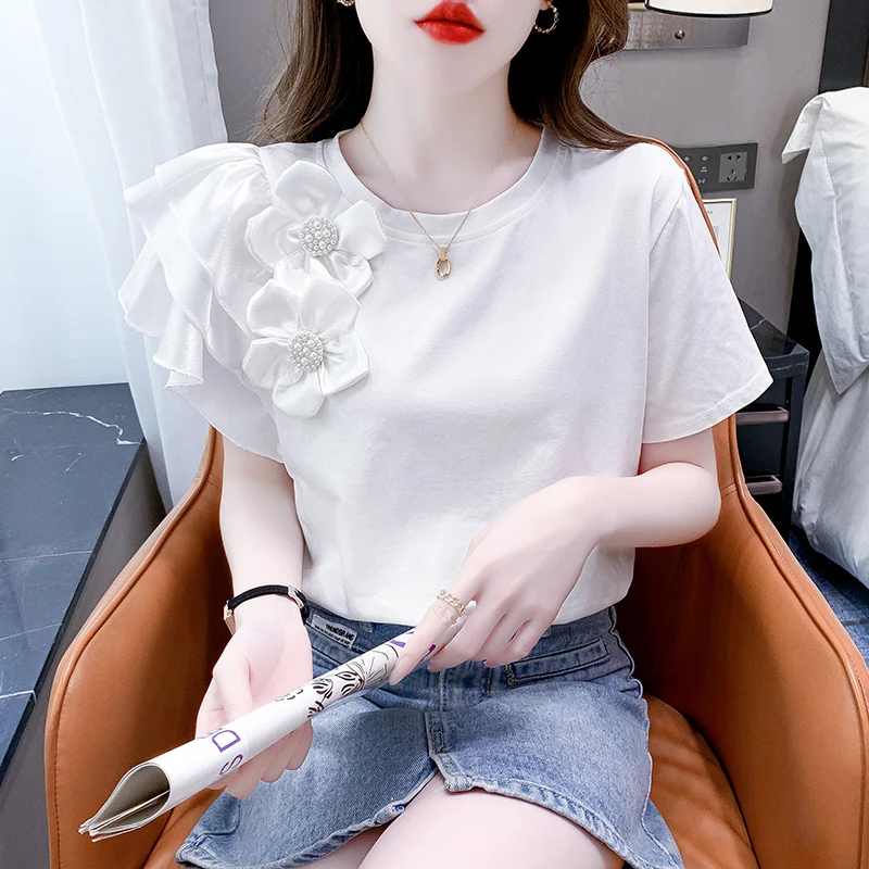 Ruffle Edge Short Sleeved T-shirt Summer Round Neck Short Sleeved Waistband Slimming Design Irregular Age Reducing Shirt Top