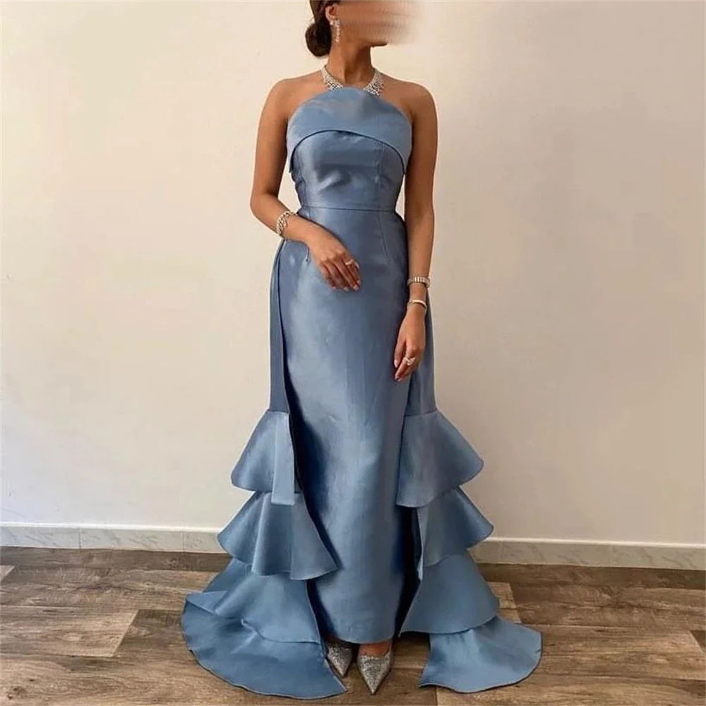 Simple Mermiad Strapless Satin Prom Dress Women Ruffles Floor-length Evening Party Gown Formal Occasion Dresses  فساتين السهرة