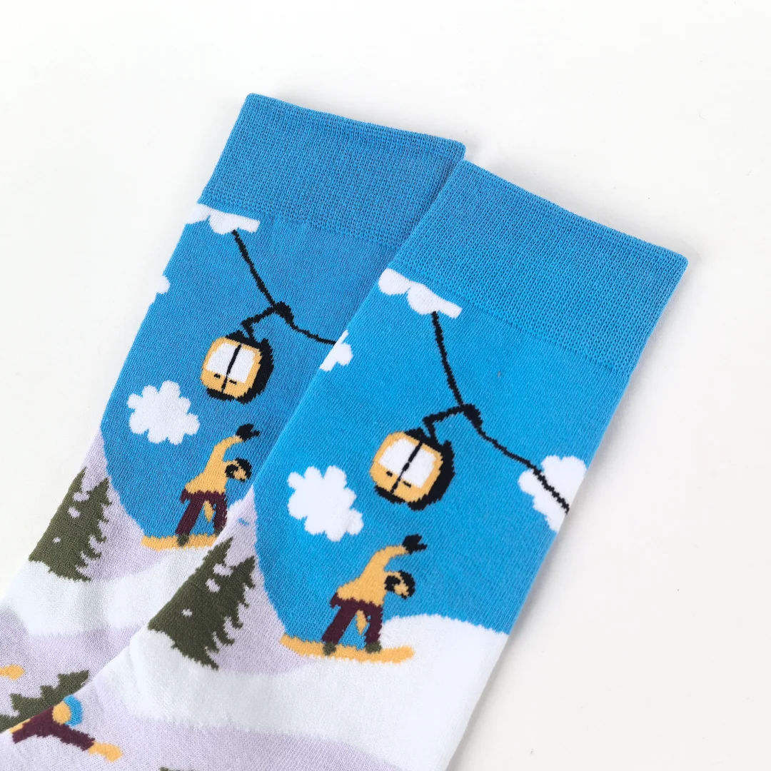 زوج واحد من الجوارب الشتوية منقوشة لمنتصف الساق للتزلج على شكل عالم الثلج، قماش متماسك، جوارب مريحة للجنسين