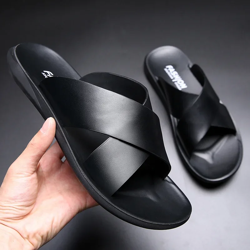 Men\'s Slippers Fashion Genuine Leather Slippers Shoes Summer Soft Sole Comfortable Men Sandals Outdoor Casual Walking Flip Flops