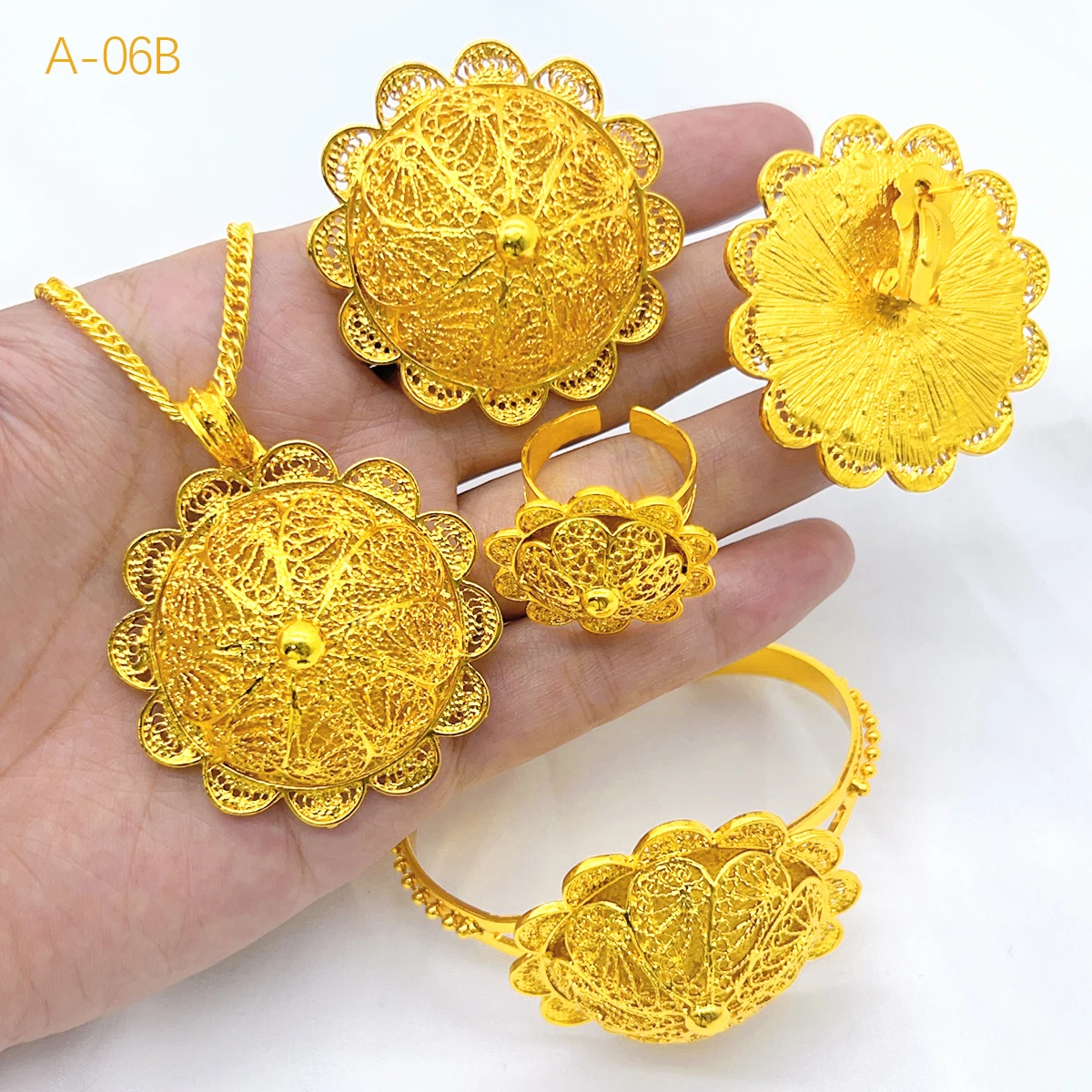 Ethiopian Bridal Jewelry Sets For Women 24K Gold Color Necklace Earrings Bracelet Ring Habesha Brazilian Wedding Jewellery