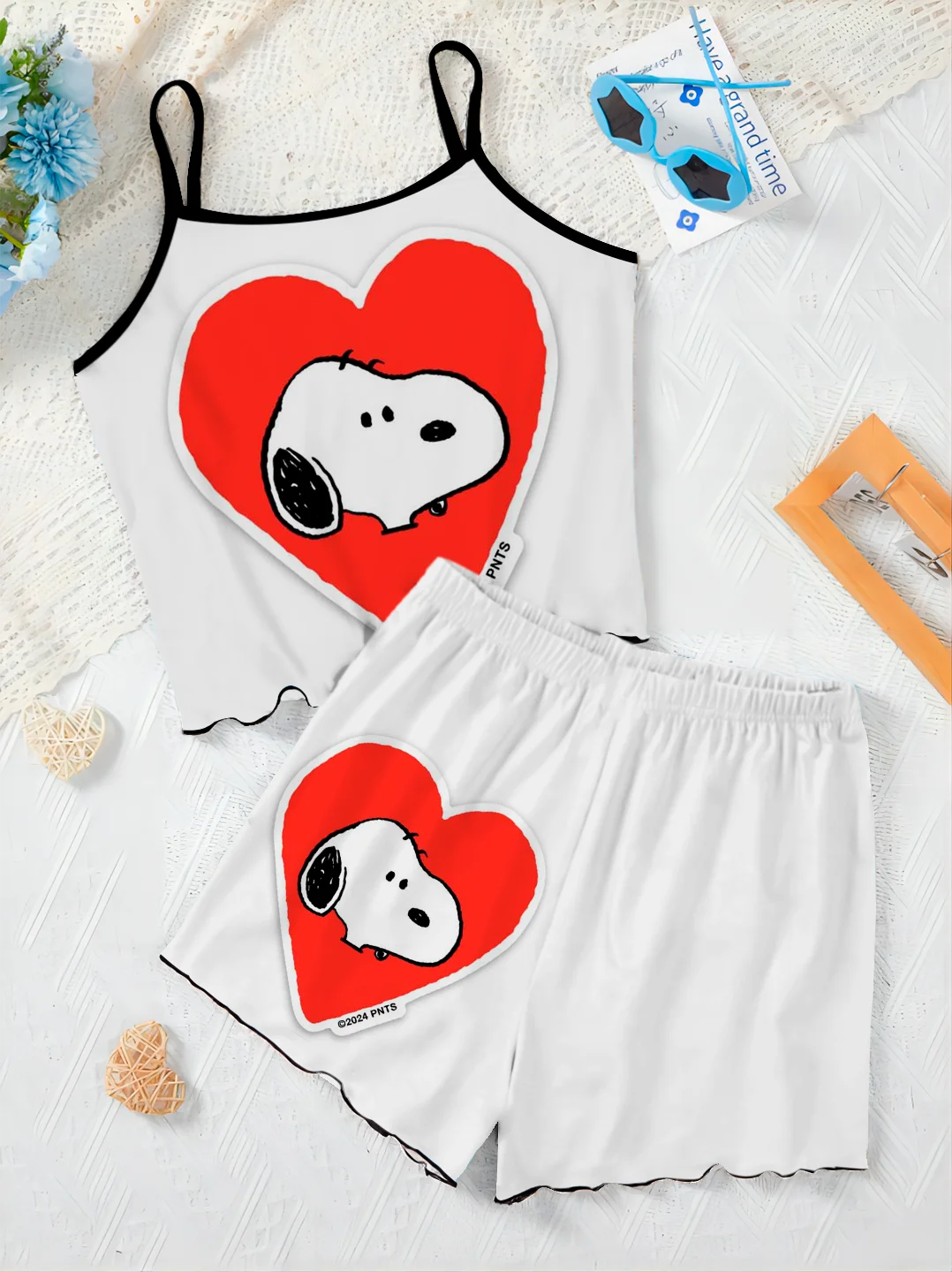 Top Lettuce Trim T-shirt Slip Dress Pajama Skirt Pants Sets for Women 2 Pieces Women's Suit Snoopy Short Elegant Set Woman Chic