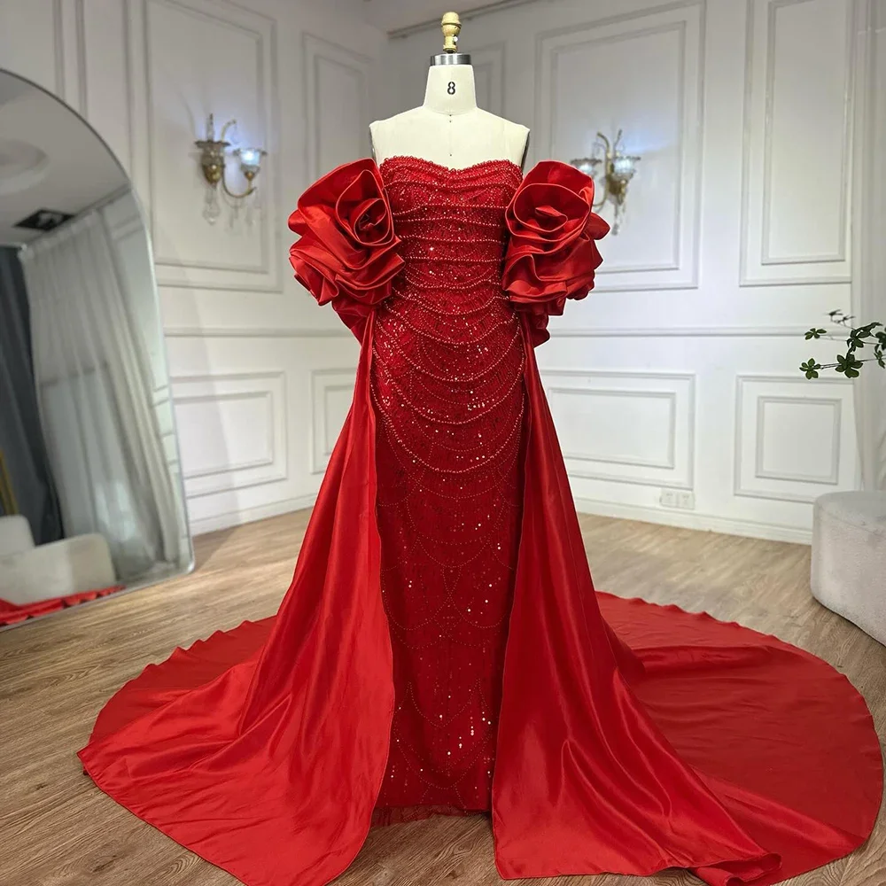 Serene Hill Customized Red Long Cape Pearls Beaded Mermaid Evening Dresses Gowns For Formal Occasion 2025 LA72585A