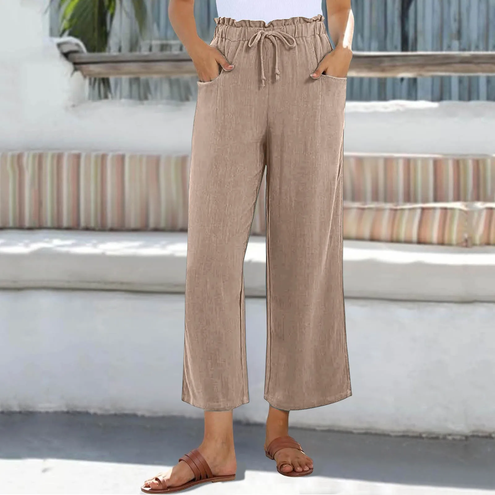 

Lady Solid Color Straight Ankle-Length Trousers Drawstring Loose Fit Leisure Women Trousers Nuevo En Pantalones