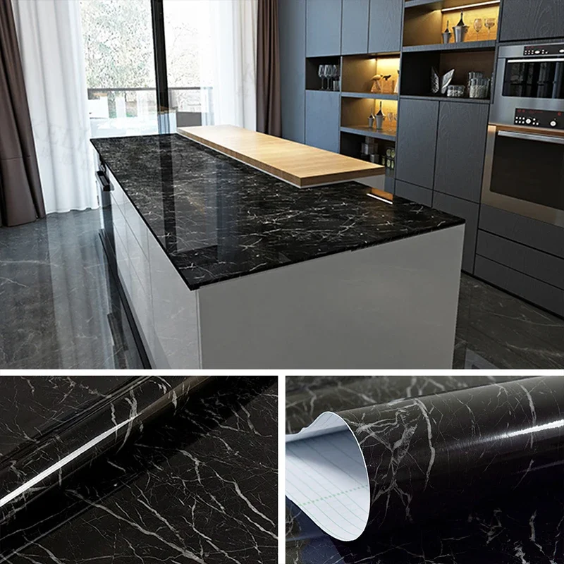Black Marble Waterproof Oil-proof Self Adhesive Vinyl Wallpaper Wall Stickers Bedroom Bathroom Kitchen Cabinet Furniture Recap