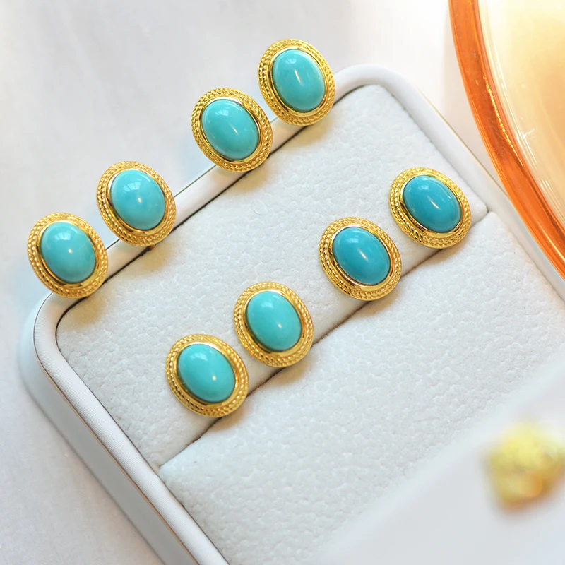 

Natural Crude Turquoise Classic S925 Silver Sterling Silver Thick 18k Gold Plated Wheat Ear Edge Exquisite Elegant Earrings