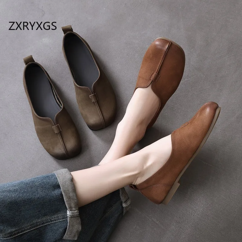 

Новые женские туфли ZXRYXGS из натуральной кожи, весна 2026: ретро-модель с круглым носком, низким вырезом, мягкой подошвой и полностью из натуральной кожи.