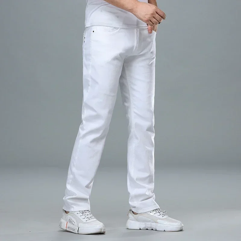 Jeans masculino de ajuste regular, calça jeans branca avançada de algodão stretch, calça de marca masculina, estilo clássico, moda inteligente