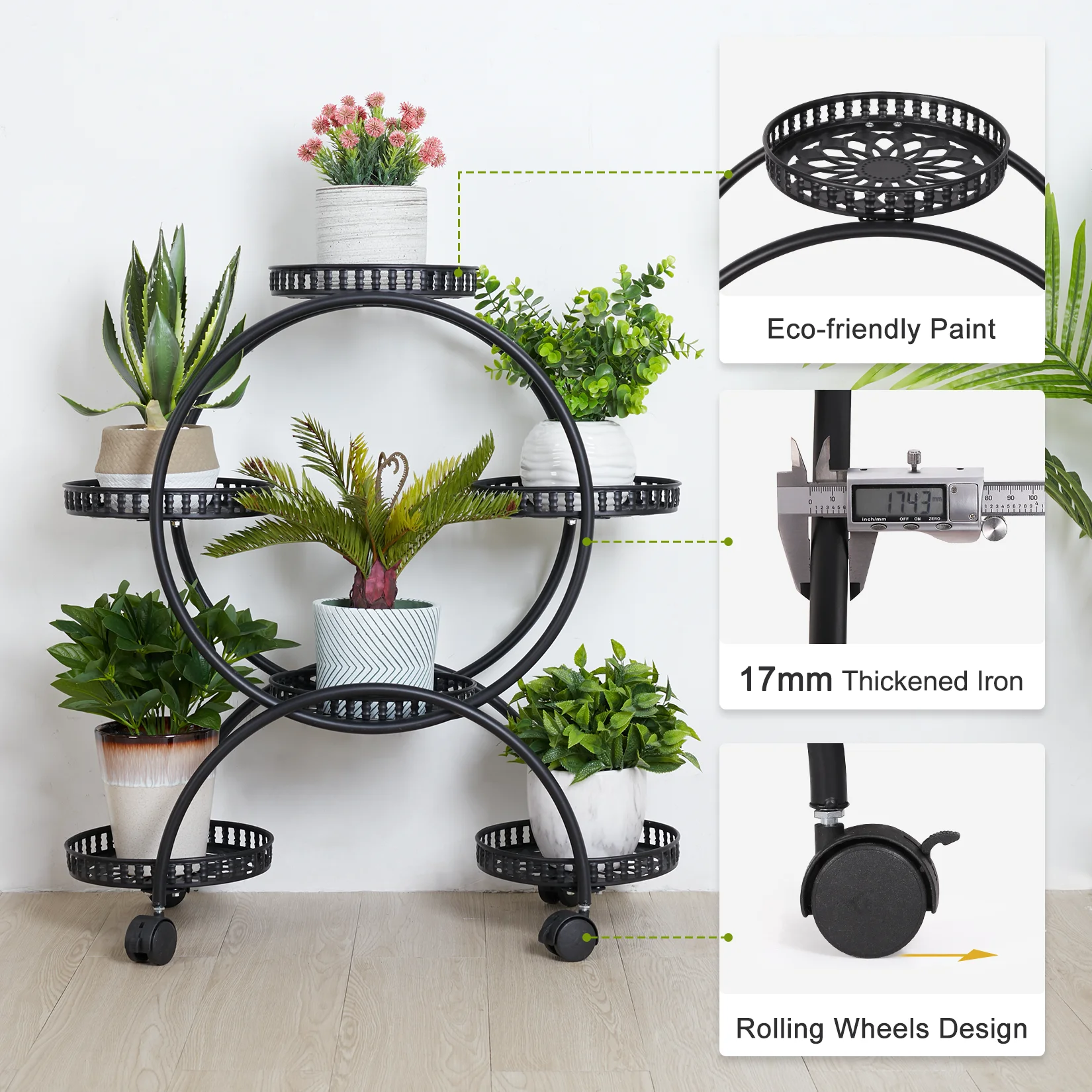 Rolling Metal Plant Stand Rack Indoor Outdoor Flower Pot Shelf Holder with Wheels for Patio Garden Living Room