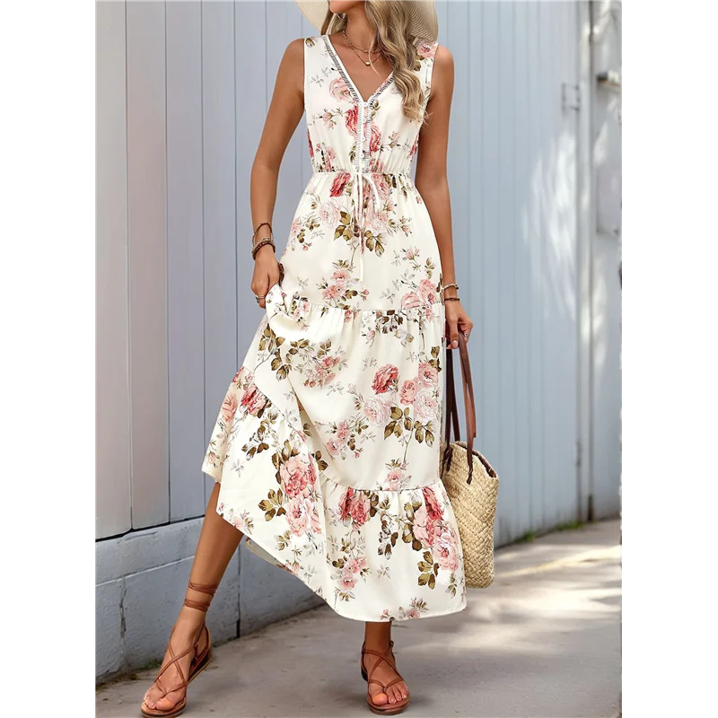 【Decoración de fiesta】Vestido largo de verano para mujer con lazo floral en la parte delantera Vestido veraniego fluido informal Boho Beach