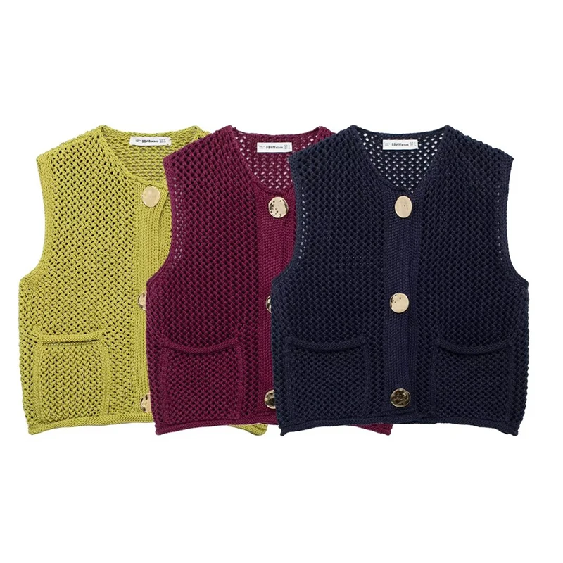 TRAF Coarse yarn Knitted Sweaters Vests For Women Fashion O Neck Sleeveless Short Tank Tops Vintage Women Knitted Waistcoat