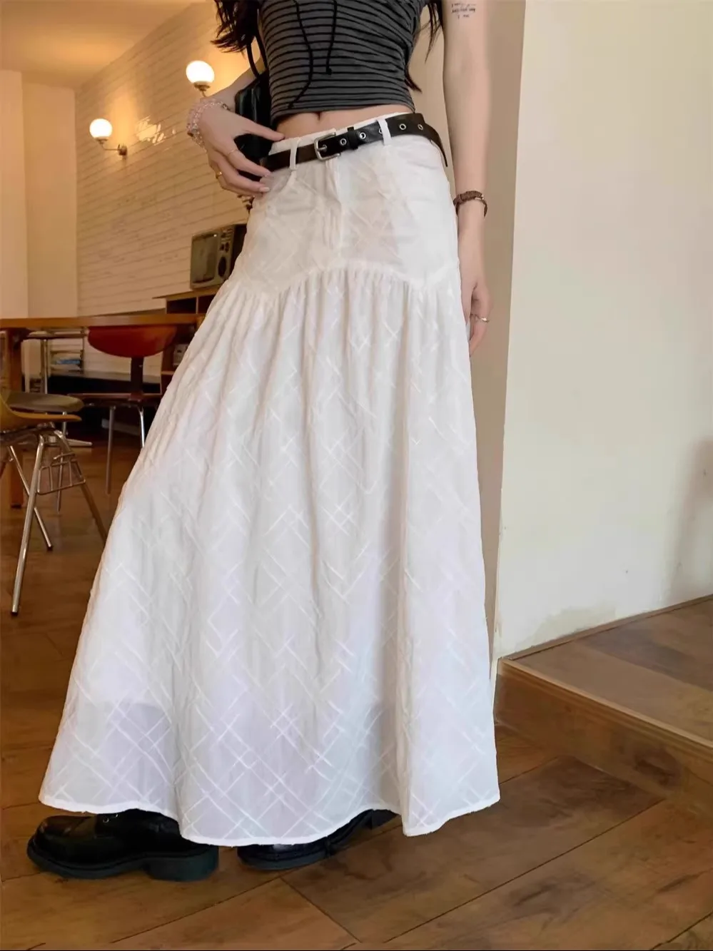 White A-Line  Dr High Waist Slimming Long Skirt Women's Summer Design Versatile High Waist 3D Floral Cutout Skirt