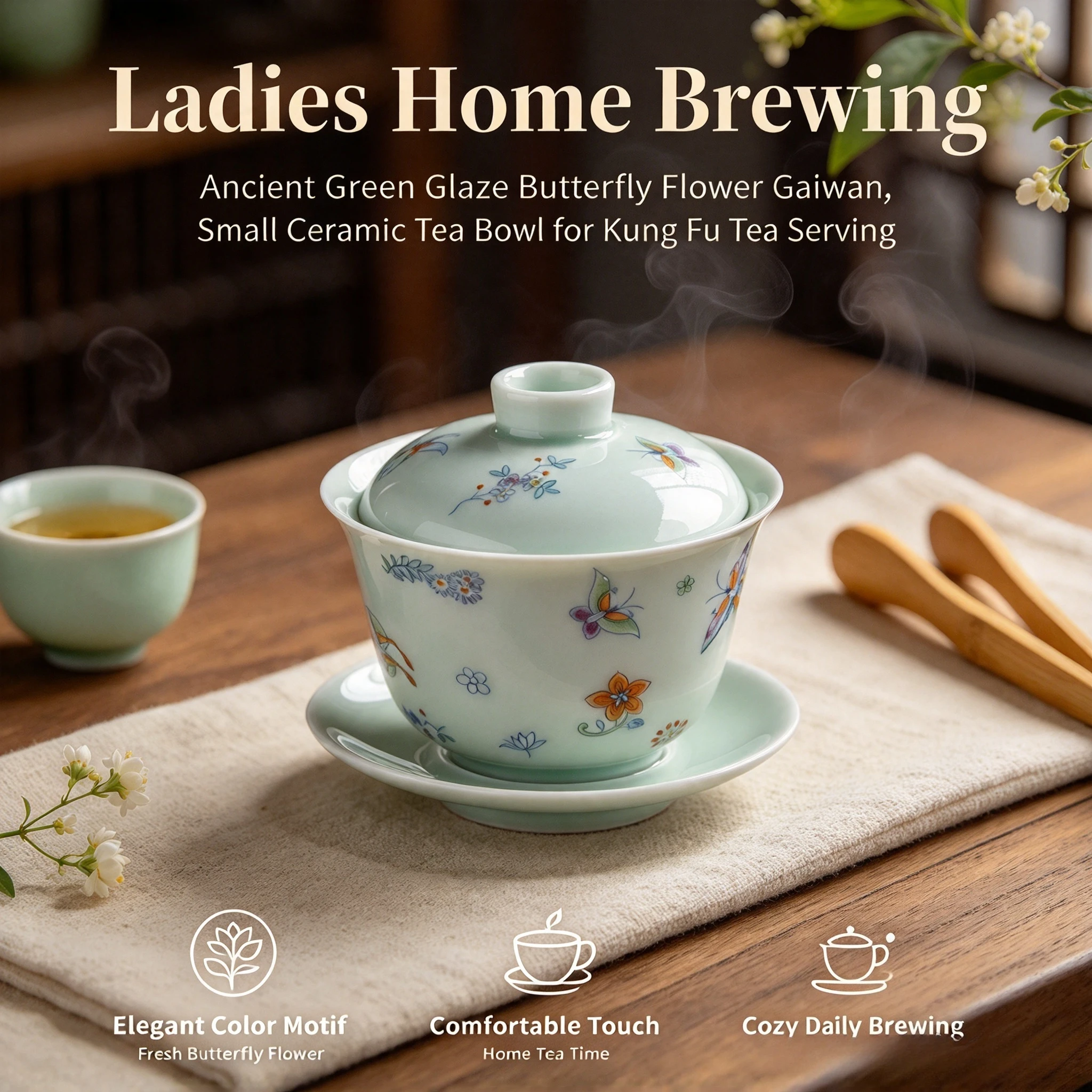 Ancient Green Glaze Butterfly Flower Gaiwan Ceramic Tea Bowl Small Anti Scald Kung Fu Tea Ware for Ladies Home Brewing