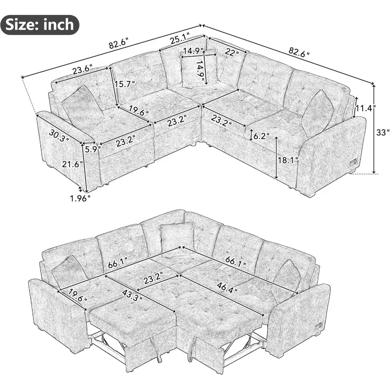 Sofa Bed Sleeper Couch L Shaped Sofa with Pillows and USB Ports, L-Shape Sectional Couch with Comfortable Backrest