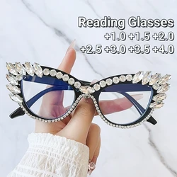 2025 Personalized Cat Eye Reading Glasses Trendy Diamond Inlaid Presbyopia Eyewear Women Anti Blue Light Far Sight Glasses