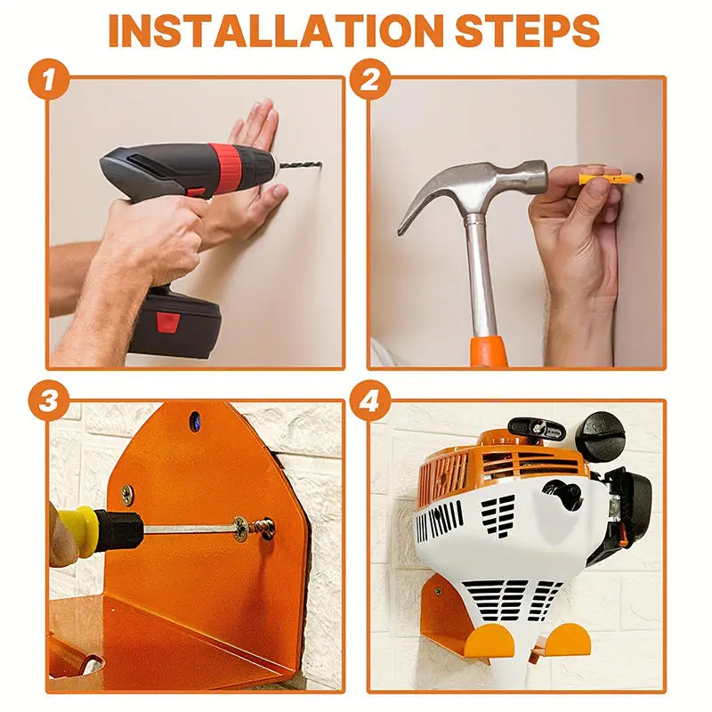 1 szt. Stojak na kosiarki, organizer na elektronarzędzia ogrodowe, wytrzymały wieszak do garażu, przechowywanie pilarek, kos, wykaszarek, uchwyt na narzędzia ogrodowe