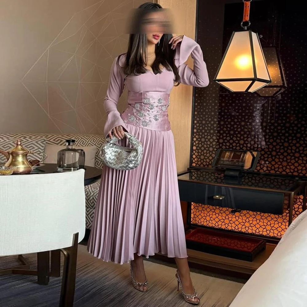 

Exquisite Embroidery Customized Evening Dress Classic V-Neck Long Sleeves Formal Occasion Gowns A-Line Ruched Prom Dress