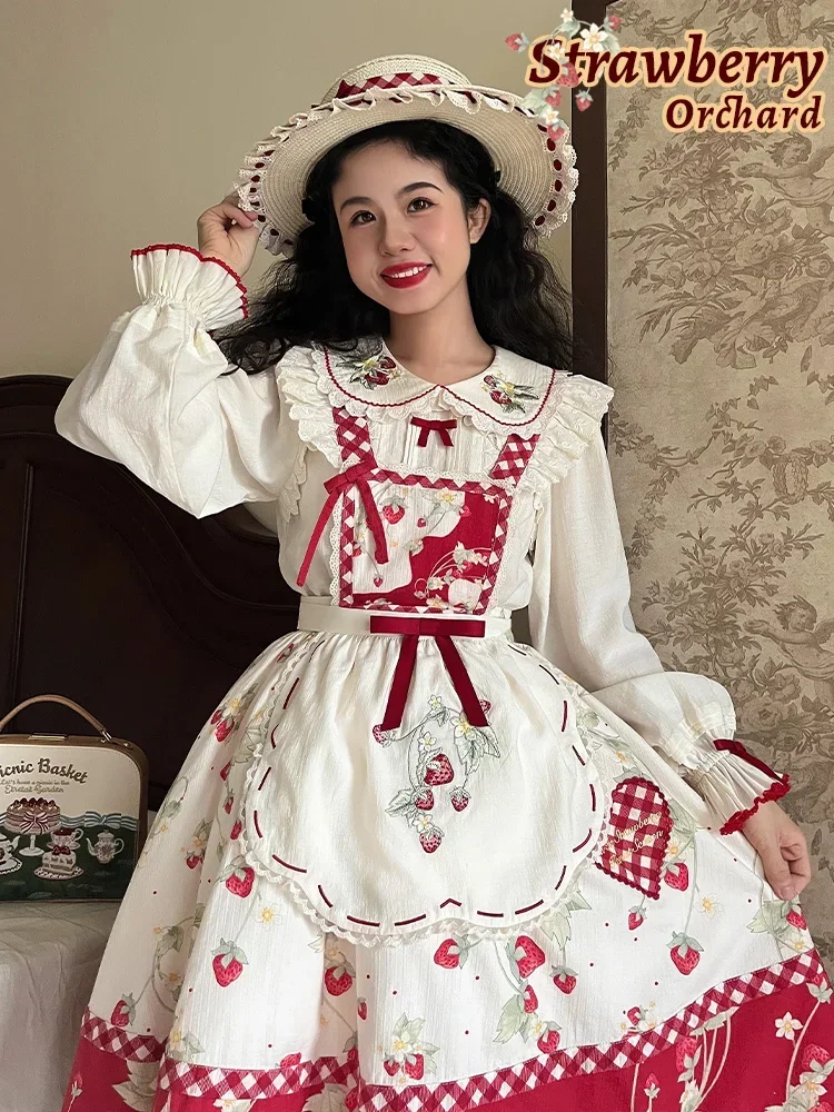 Original Lolita Shirt Japanese Girl Sweet Strawberry Embroidery Long-sleeved White Inside Blouses Women Y2k Casual Tops Mujer