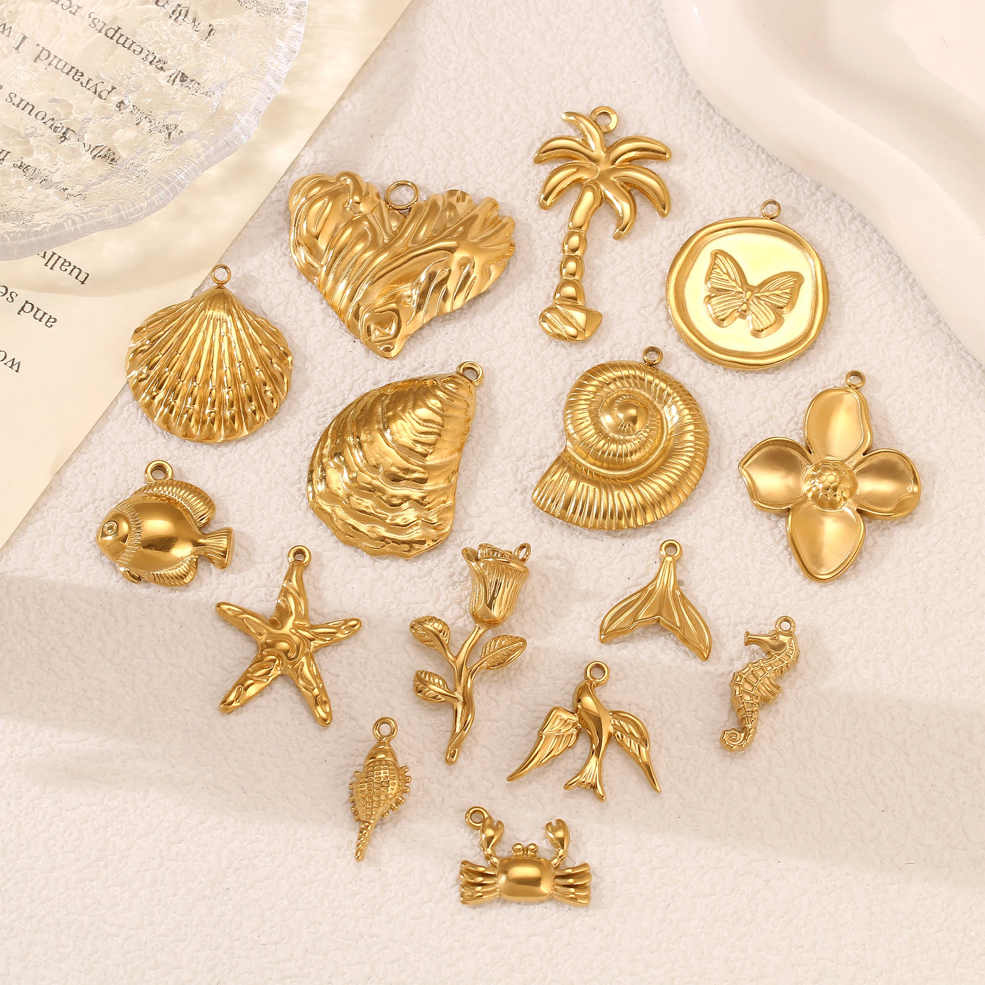 3Pcs Stainless Steel Fish Tail/Shell/Rose/Butterfly Charms Waterproof Gold Color Plated Marine Animal Pendant DIY Jewelry Making - view 4