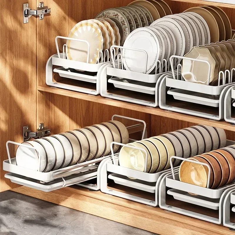 Sliding Dish Storage Rack Cabinet Organizer with Drain Tray Space-Saving Solution for Tableware Plates and Utensils