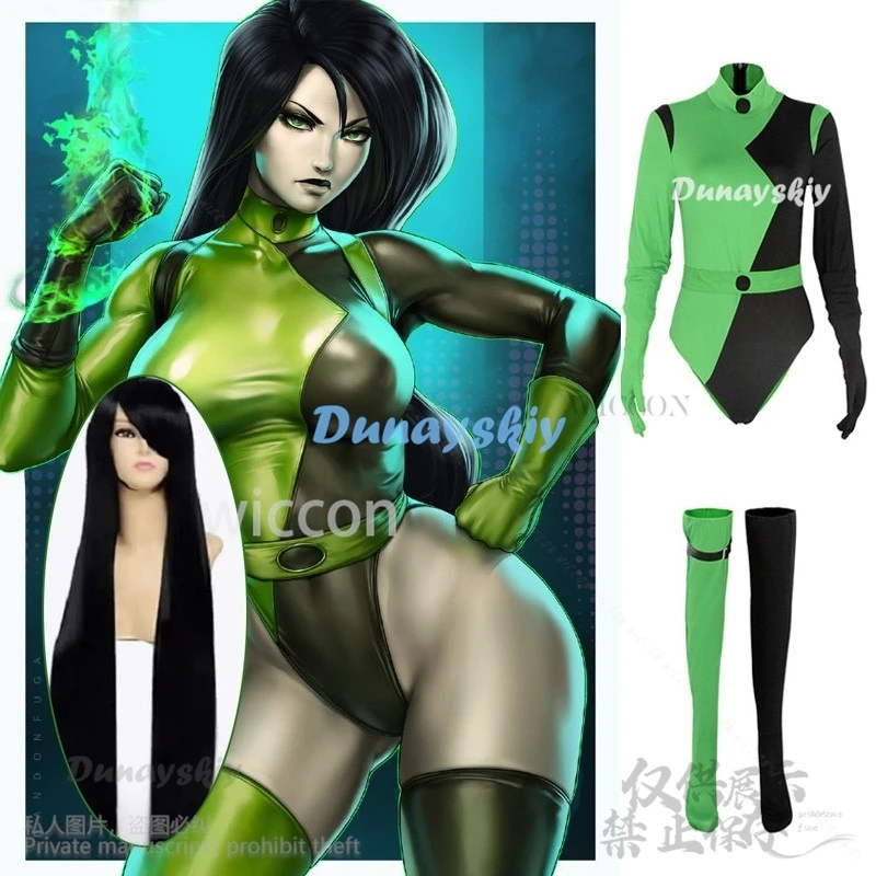 2024 Anime Hot Girl Shego Cosplay Cartoon  Bodysuit For Female Kim Sexy Jumpsuit 1m Long Black Wigs Cos Halloween Party Roleplay