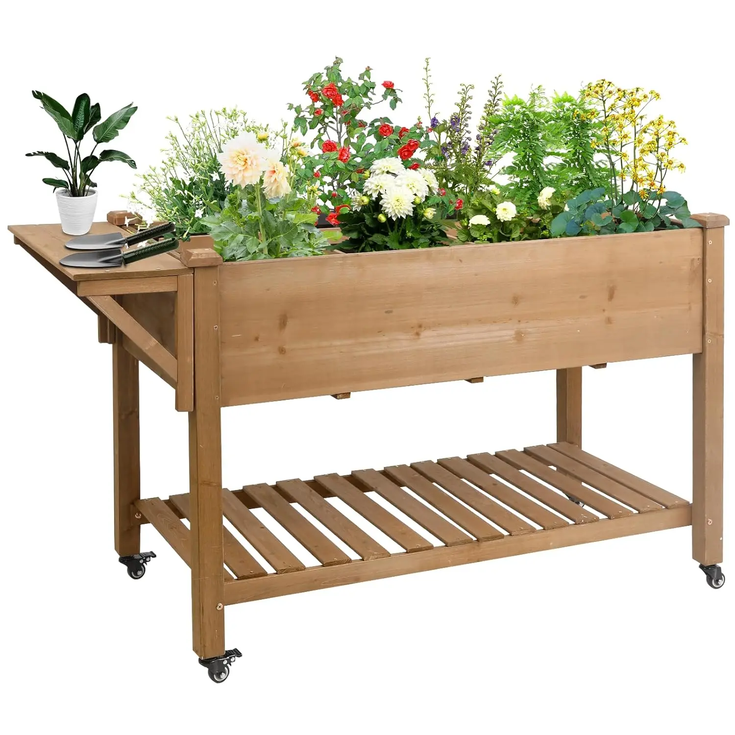 

Raised Garden Bed with Wheels, Wood Elevated Garden Box with W-Connection Tabs，for Vegetable, Flower, Herb, Large Storage Shelf,
