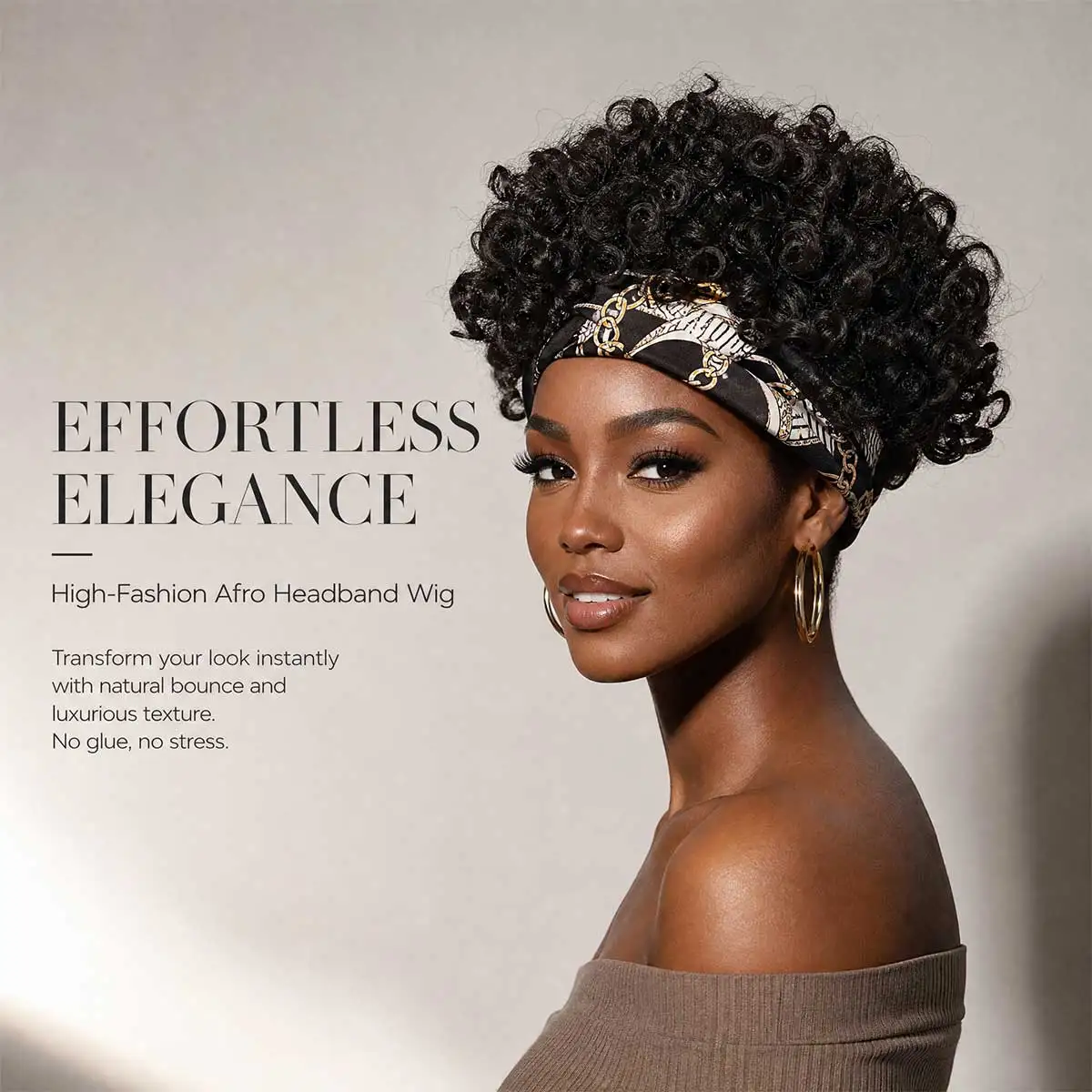 Short Black Afro Curly Headband Wig with Chain Pattern Turban Band, Synthetic Glueless Puff Wig for African Women Quick style