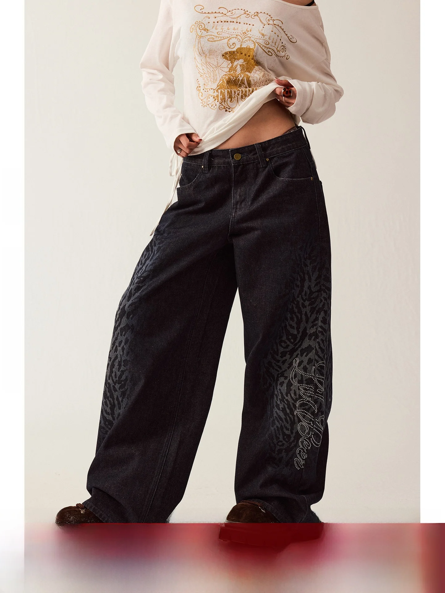 

BeerBro New Journey Versatile Classic Hot Girl Waed Leopard Print Loose Wide Leg Jeans Women's Low Waist Cotton Denim
