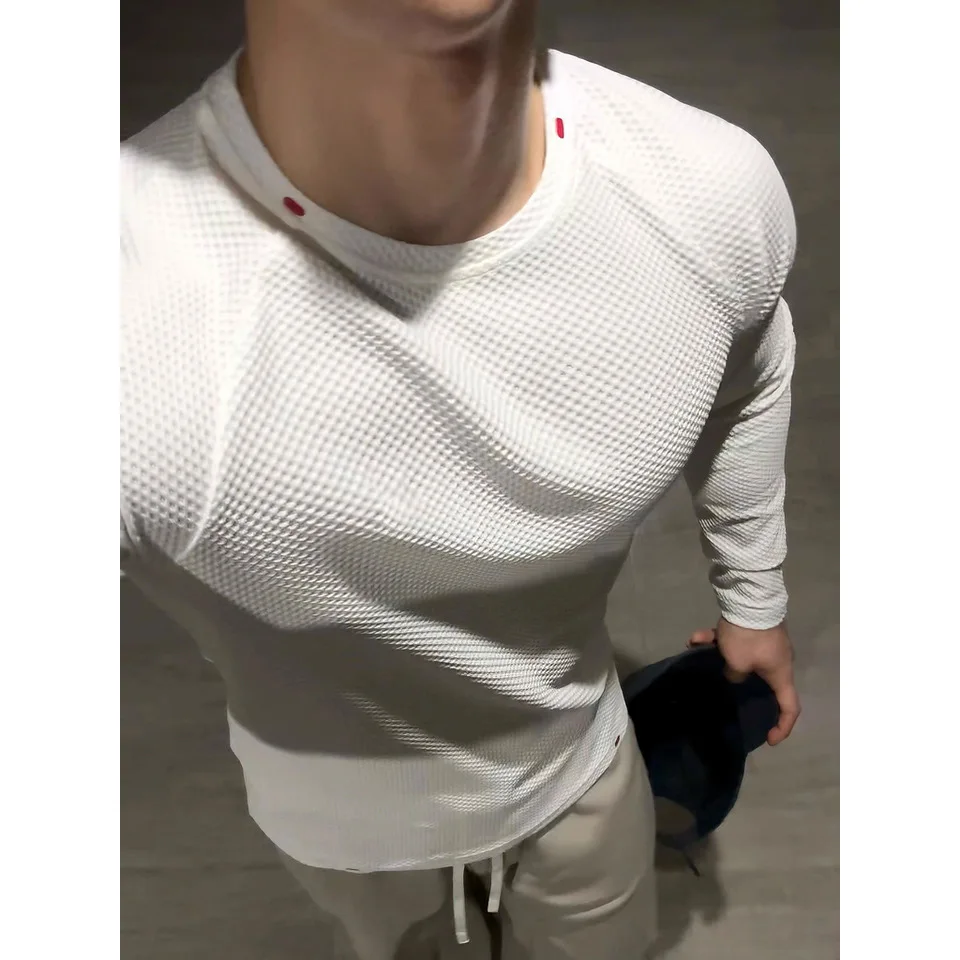 تي شيرت رياضي ضيق شبكي قابل للتمدد للرجال بأكمام طويلة ملابس لياقة بدنية تبدو كبيرة تي شيرت #3