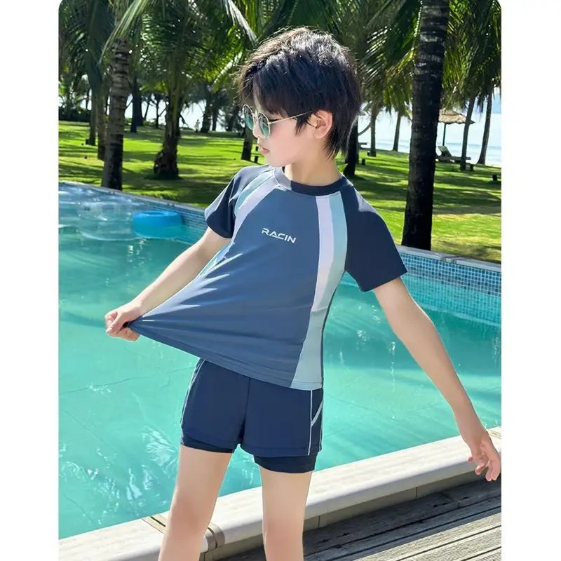 2Pcs Kids Swimwear Short Sleeve Tops+Shorts Teen Boys Casual Swimsuit Summer Child Adolescent Bathing Suit Water Park Wear 3-14Y