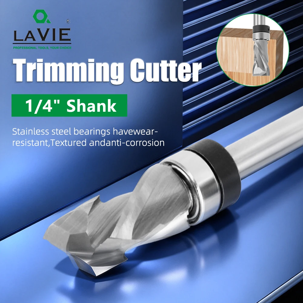 End Mill - LAVIE 1/4インチシャンク、2+2刃、圧縮加工用、1/2インチ切削径、ソリッドカーバイドベアリング、CNC木工用フラッシュトリムルータービット