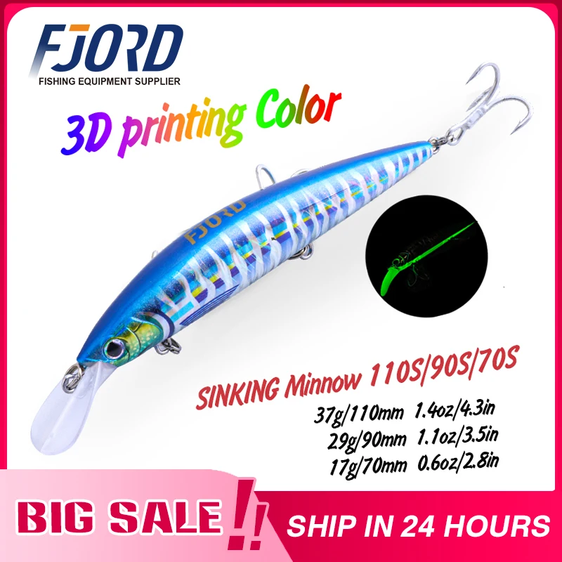 

FJORD Luminous 37g 29g 17g Hardcore Sinking Minnow Fishing Lure Treble Hook Hard Baits Jerkbait Sea Long Casting Fishing Items