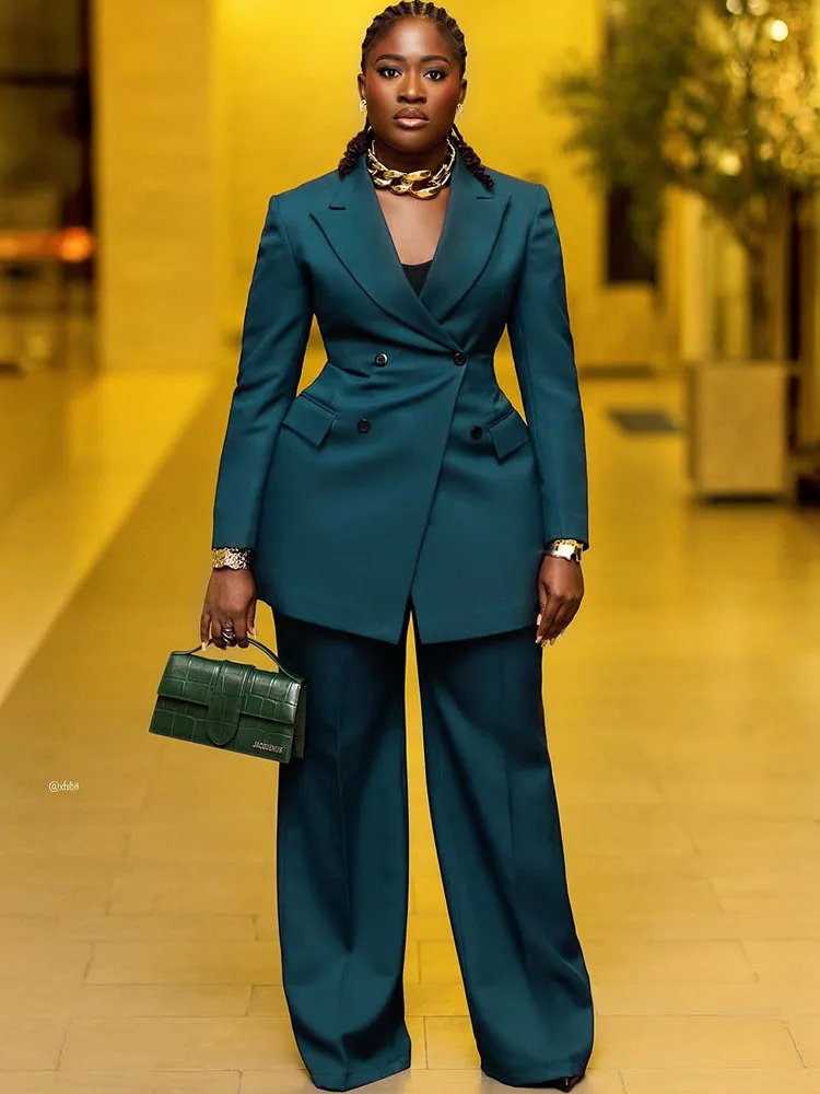 Elegant Office Lady Two Piece Set Woman Work to Wear Double-breasted Blazer Coat and Wide Leg Pant Suits Matching Sets Uniform