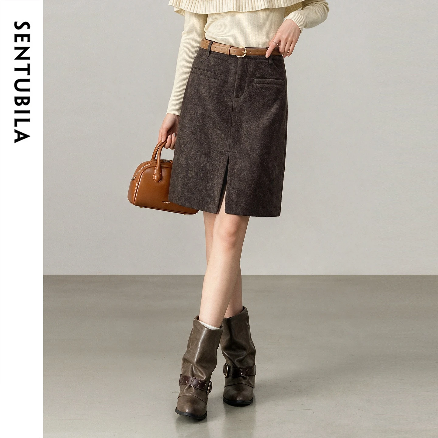 SENTUBILA Women Winter Skirt 2026 High Waist A Line Fuzzy Warm Knee Length Skirt Pockets Slim Commute Clothing Ladies W64QA9471