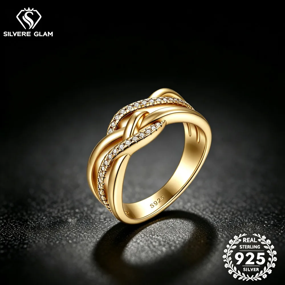 925 Sterling Silver Intertwined Infinity Twist Band Ring Zircon Multi Tone Romantic Wedding Fine Jewelry For Women