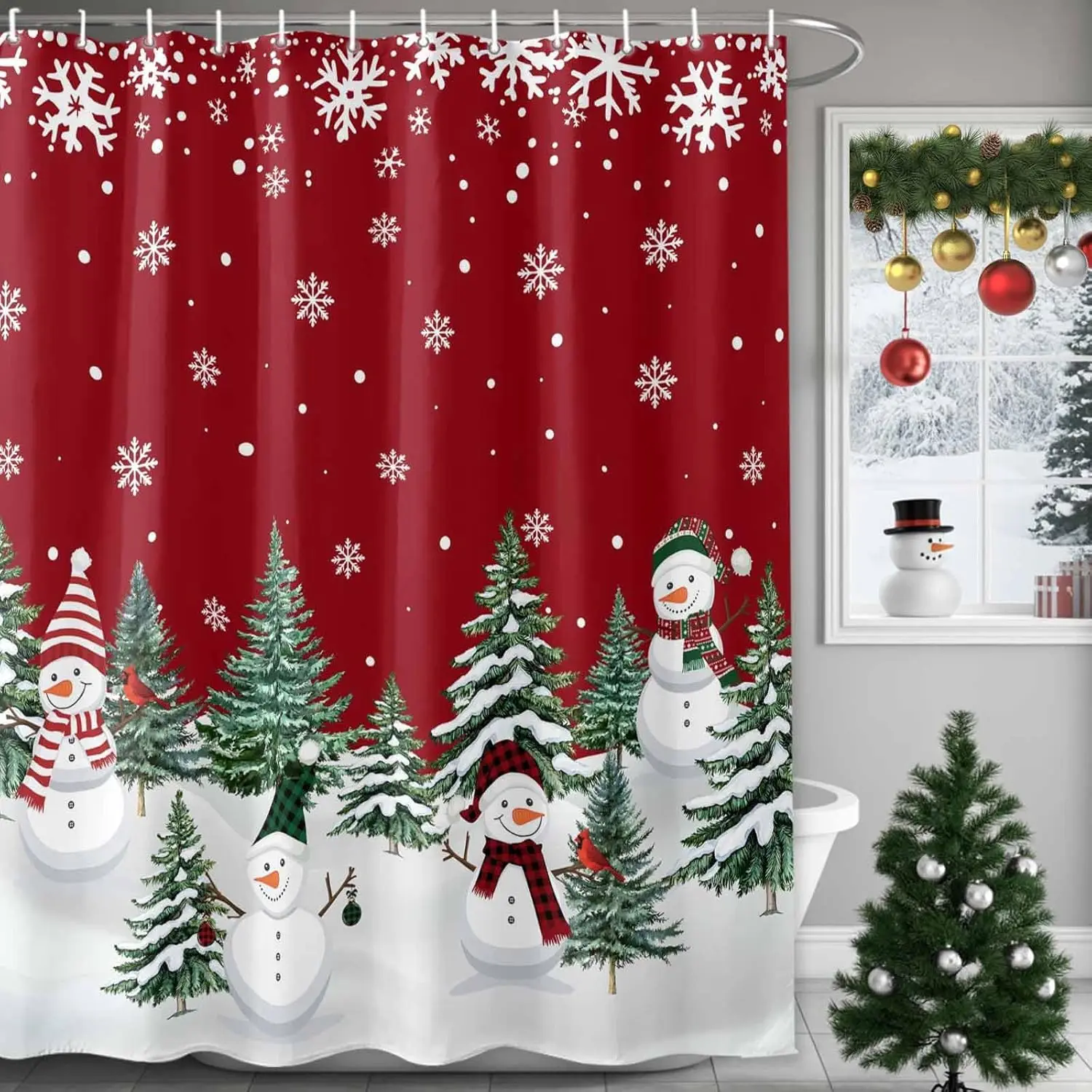 Christmas Snowman Shower Curtain, Winter Snowflake Xmas Tree Standard Stall Shower Curtains for Bathroom/Bathtub,Decorations