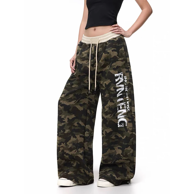 YIBASHU American Retro 90s High Street Letter Printed Camouflage Sports Pants Loose Hip-hop Jazz Dance Camouflage Wide Leg Pants