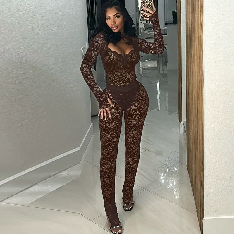 

Sexy See Through Lace 2 Piece Sets Woman Outfit Midnight Club Party Long Sleeve Bodysuit Top and Split Flare Pants Matching Sets
