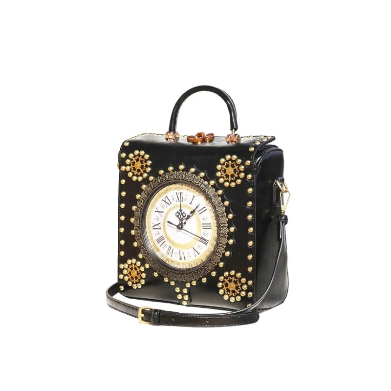 British Classic Style New Clock-Shaped Handbag for Women Retro Rivet Square Shoulder Bag Unique Lock Decoration Tote Bag