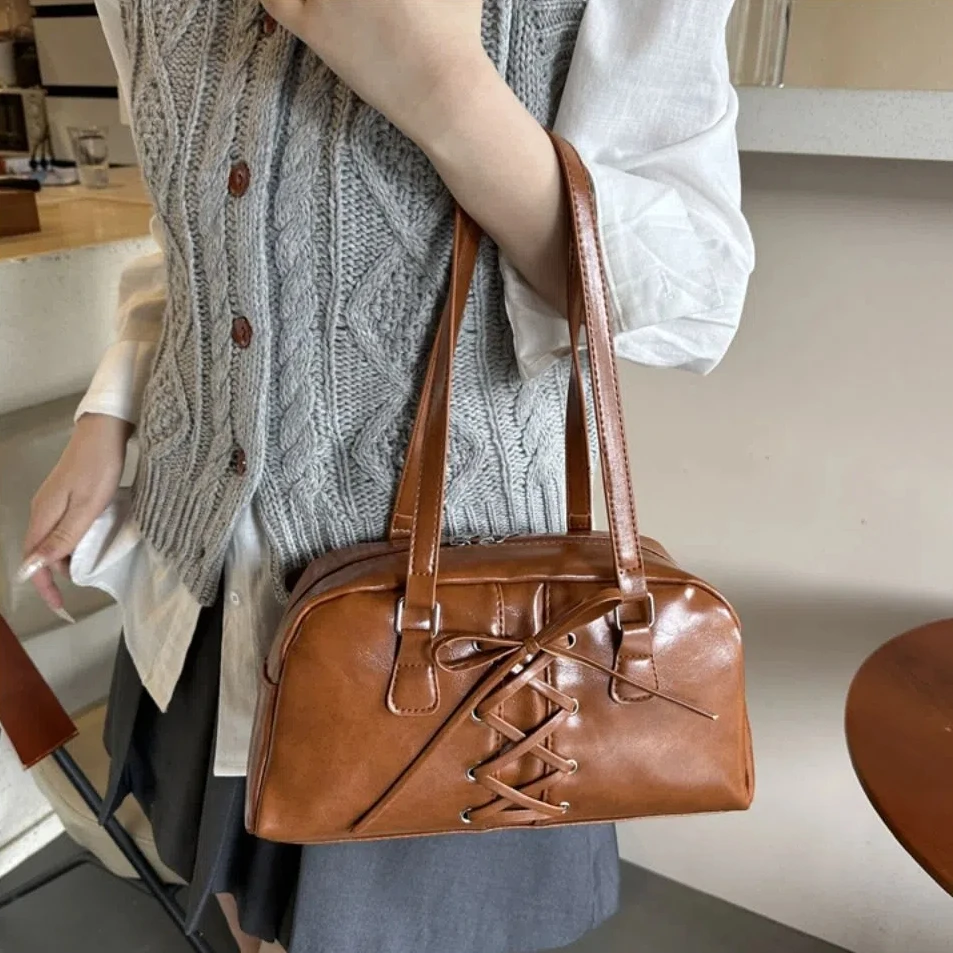 

Fashion French Style Bow Ribbons Bowling Bag Elegant PU Leather Boston Shoulder Bag Casual Large Capacity Women Handbags Girls
