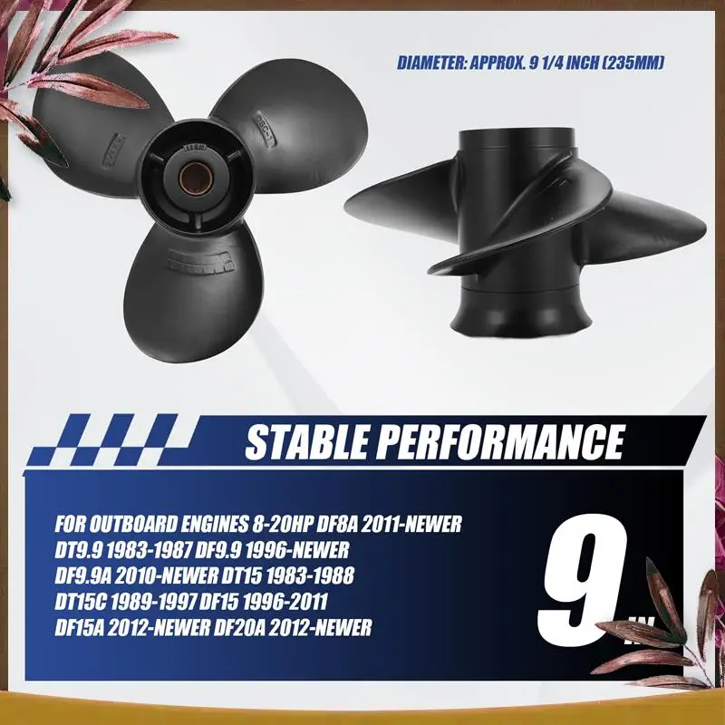 

AB59-Outboard Propeller 58100-93723-019 For Suzuki 8-20Hp 9 1/4 X 9 Aluminum Alloy 3 Blade Black 10 Spline Tooth R Rotation