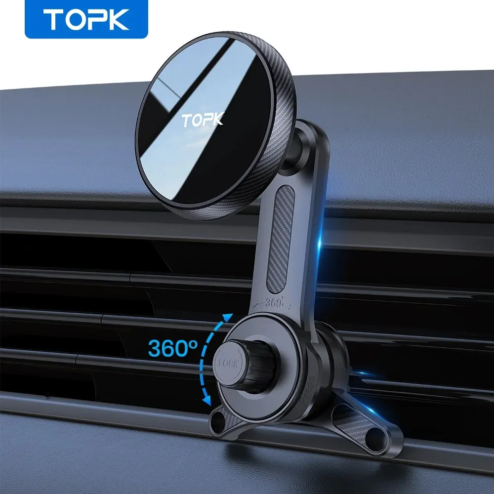 TOPK for Magsafe Car Phone Mount Holder, Extended Arm 3-Point Support Single-Hand Operation Metal Hook Magnetic Car Phone Holder