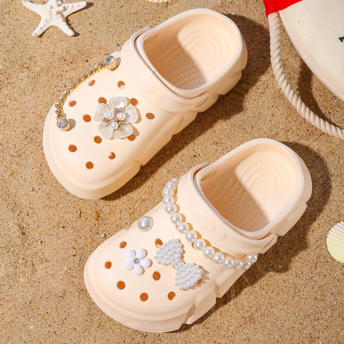 Girls Fashion Solid Color EVA Clogs - Breathable Non-slip Slip-On Sandals with Flower Chain and Pearl Design 3057